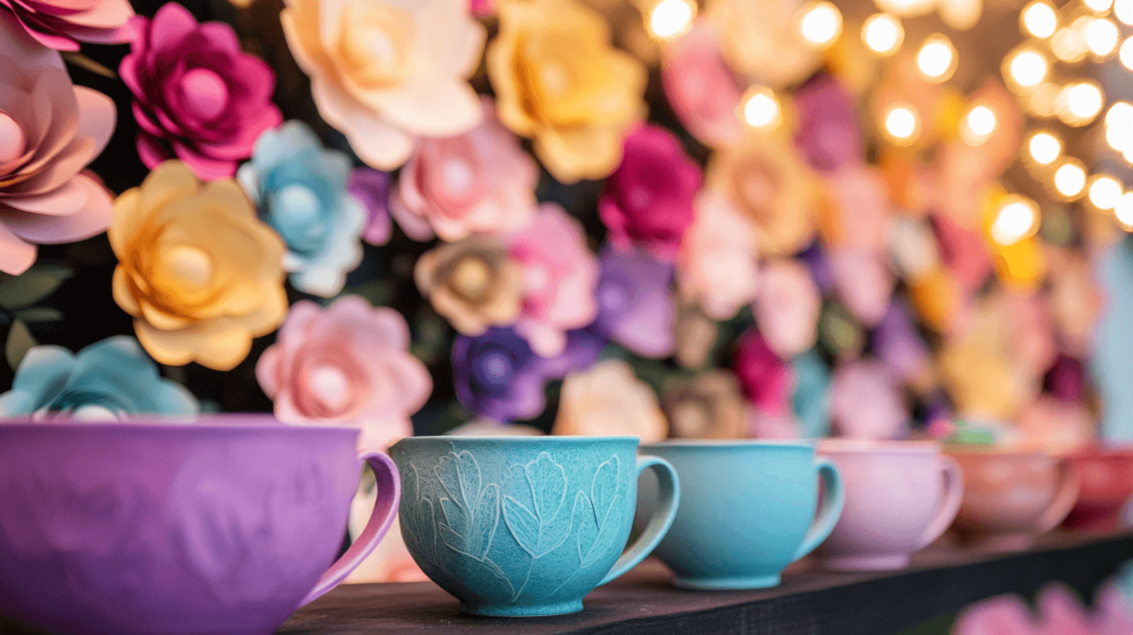 fun bright tea cups with floral decor, tea party decorations