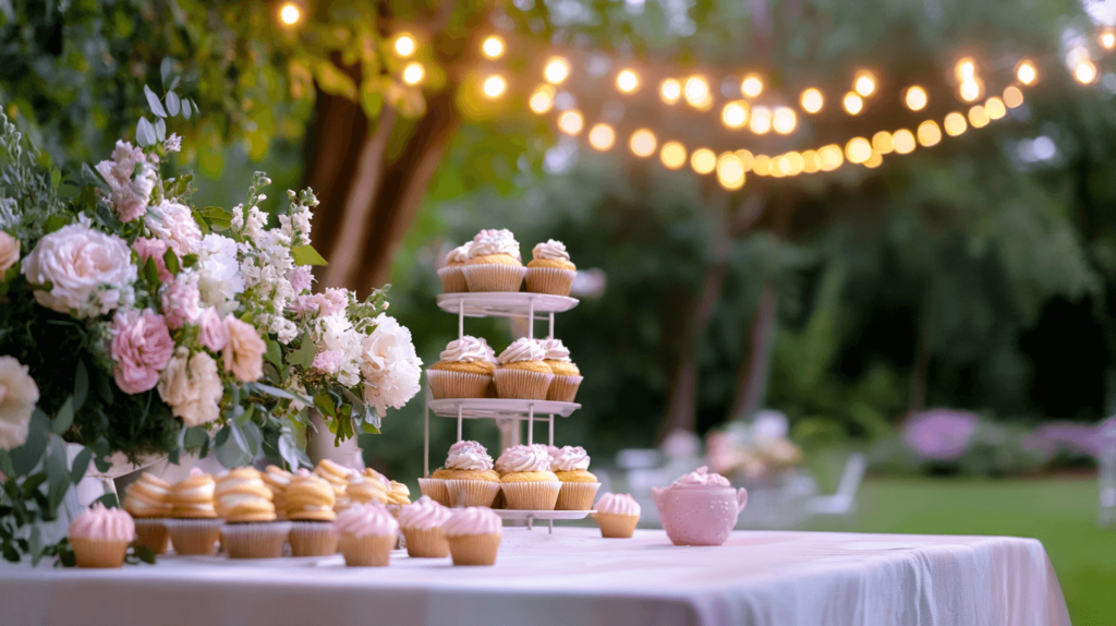 outdoor table with fairy lights tea party decorations