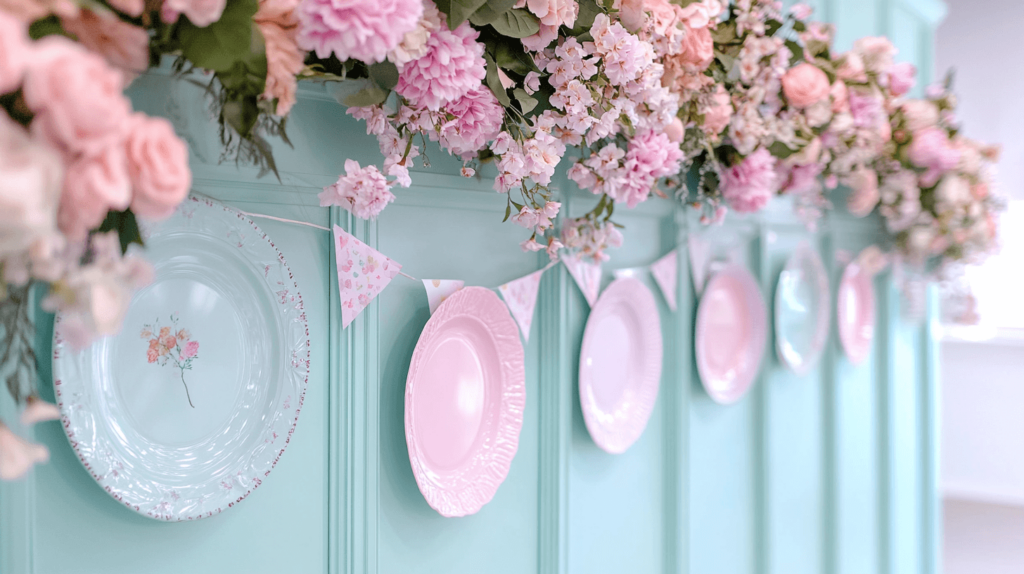 plates hanging on the blue wall with flowers