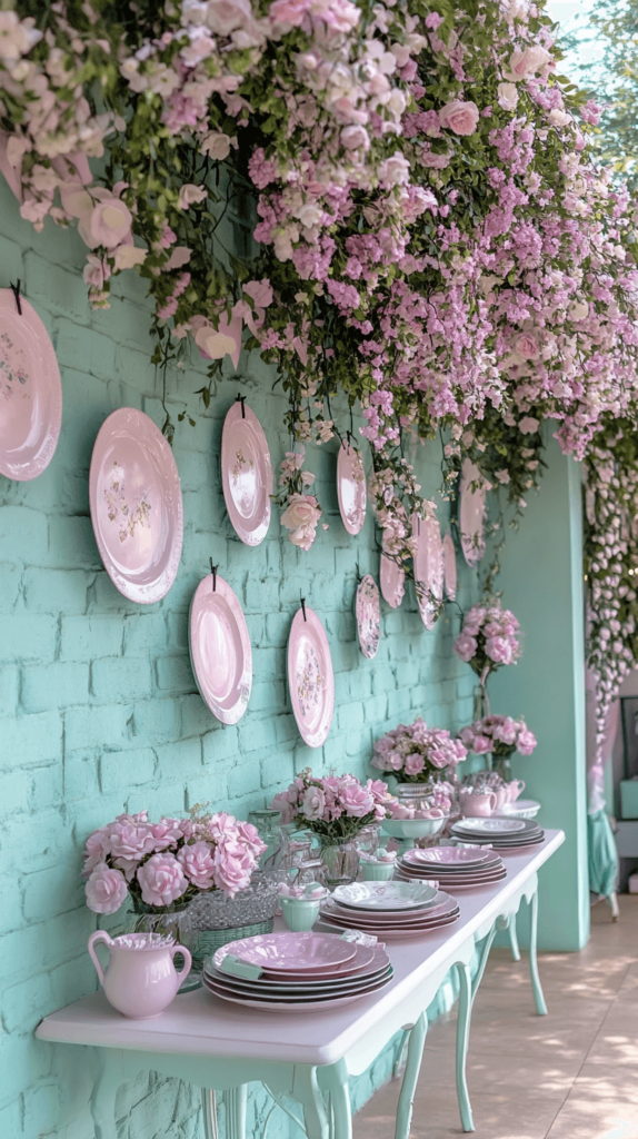 plates hanging from the wall with flowers above