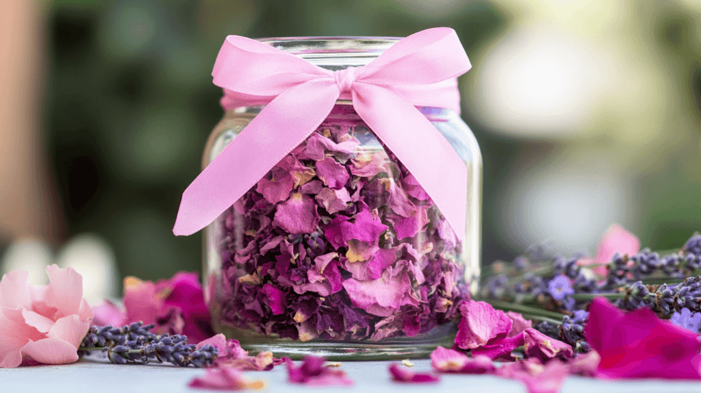 dried rose petals in a glass jar with a ribbon, DIY potpourri