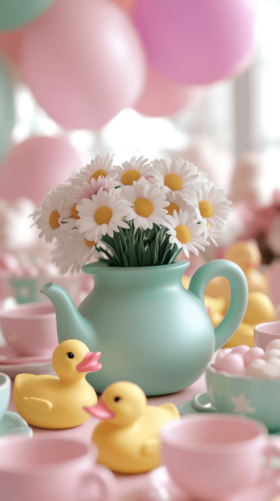 rubber ducks, flowers, tea pot