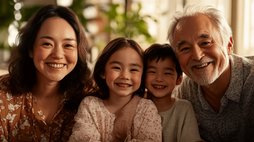 asian group of four people, two adults, two kids