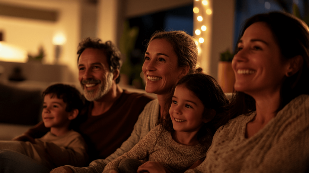 group of people of varying ages on the couch watching something