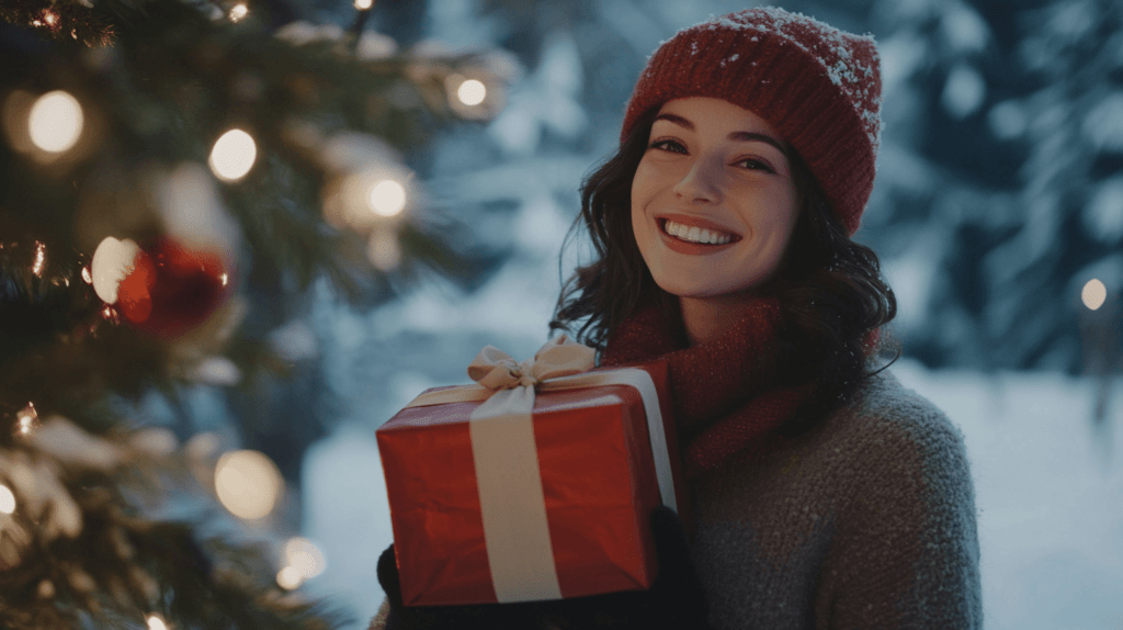 girlfriend holding a Christmas present by an outdoor tree; Christmas present ideas