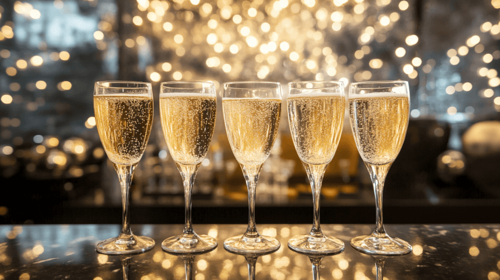 five glasses of champagne in a line