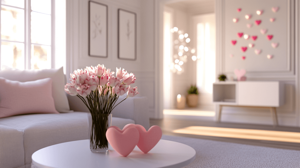 entryway table with vase and flowers and hearts