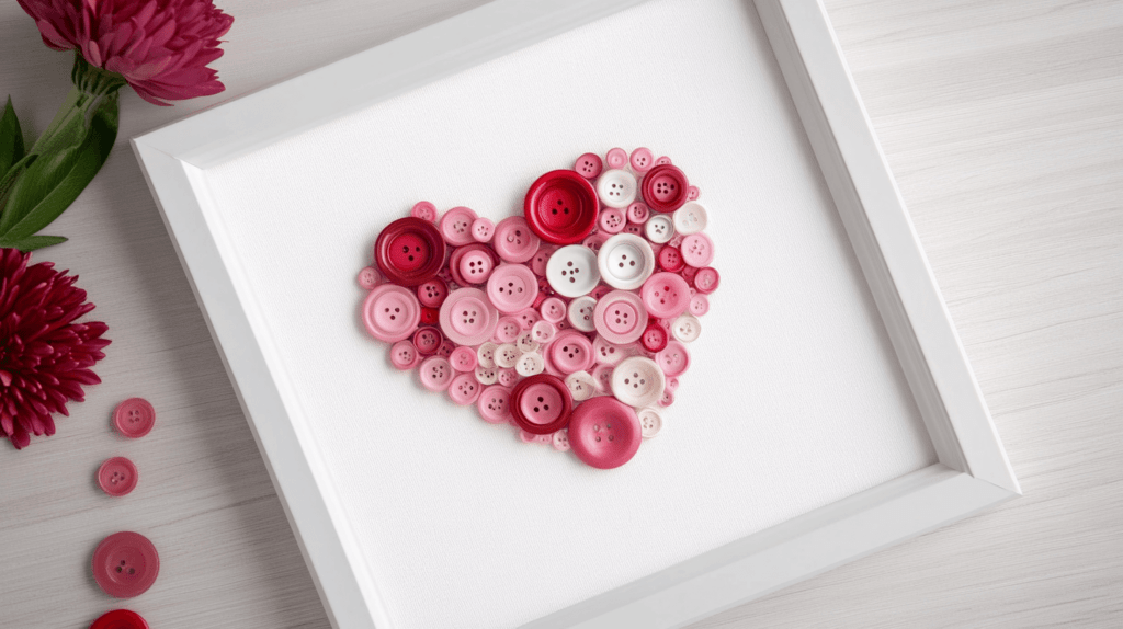 buttons forming a heart on a white paper and framed in white