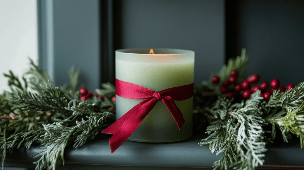 frosted green candle with a red bow; DIY Christmas candle