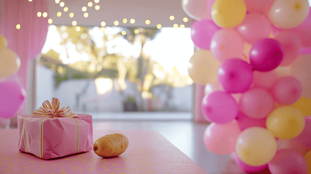 hot potato on a counter next to a birthday gift