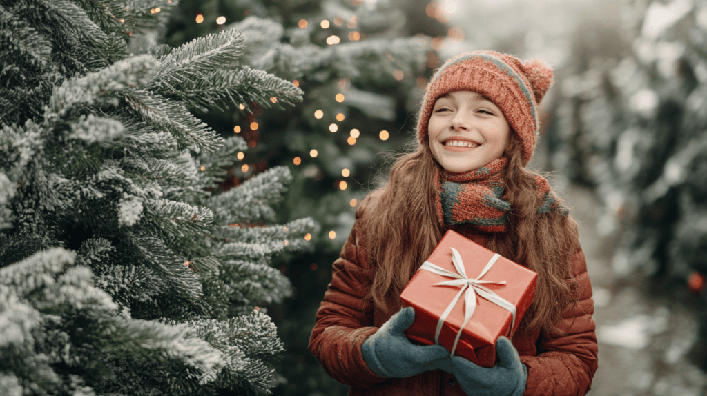 young girl holding a wrapped gift outdoors near a fir tree