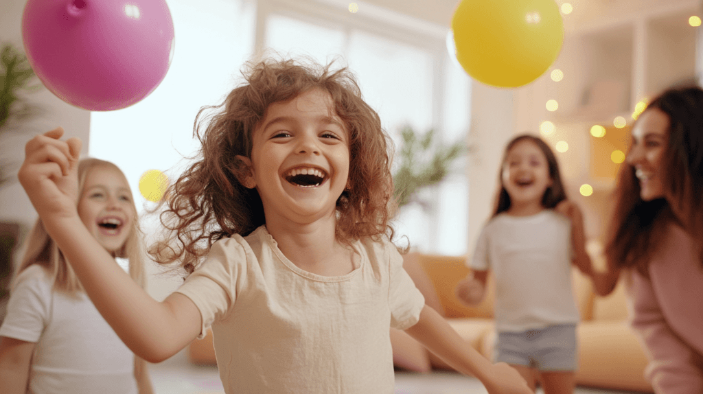 girl holding a balloon, family party game ideas