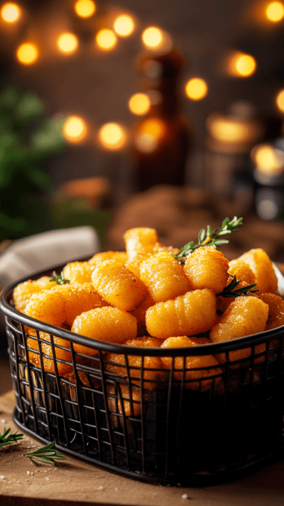 gnocchi in a black wire basket