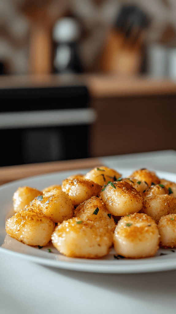 small amount of gnocchi on a white plate on the kitchen counter