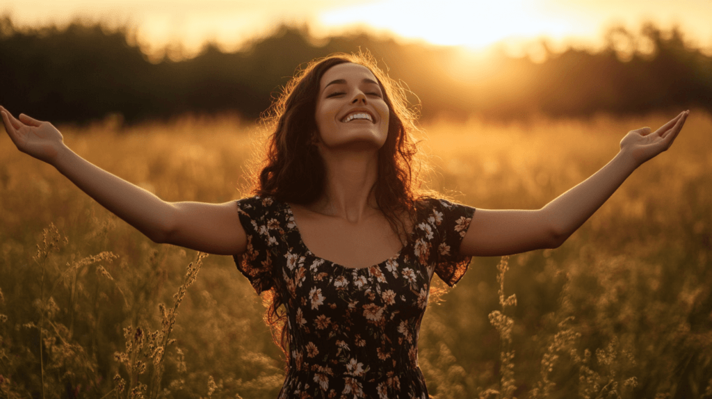 happy mom in a field