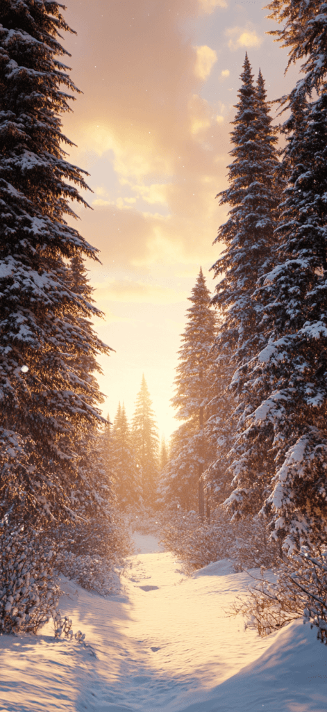 sunset forest in snow