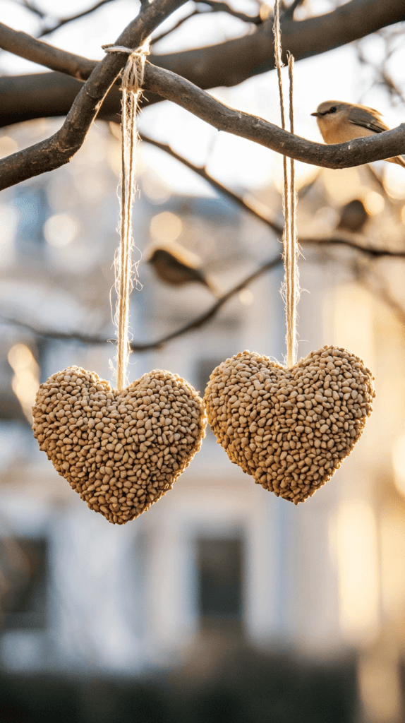 heart shaped bird seed hanging from a tree, set of two