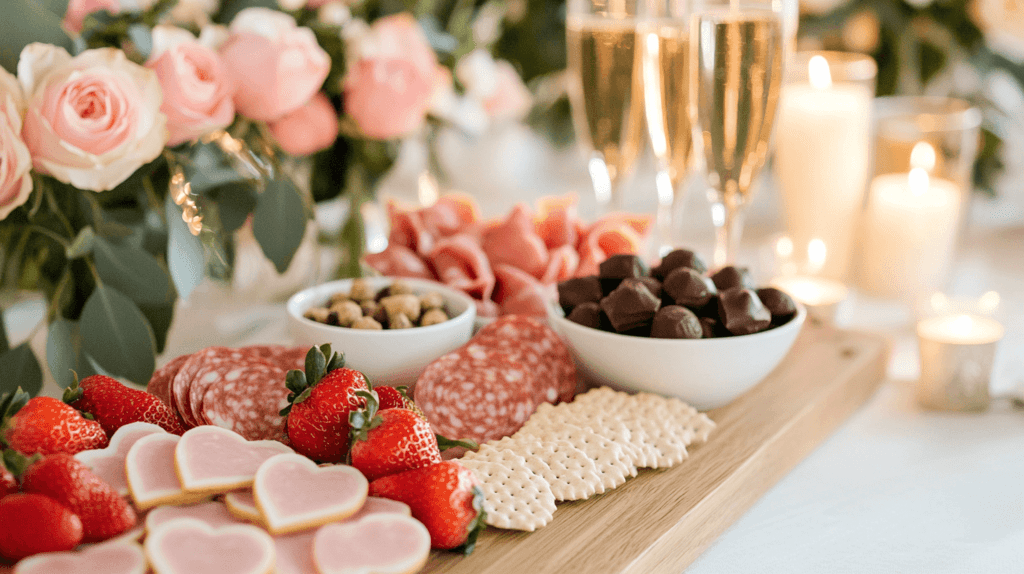 heart shaped food items with champagne glasses in the back