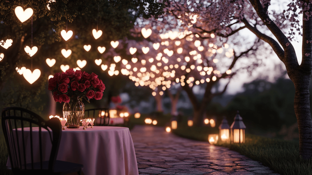 heart shaped lights strung across trees at night