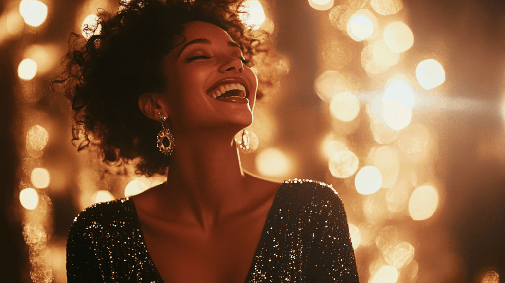 laughing woman in a black sequin new years dress