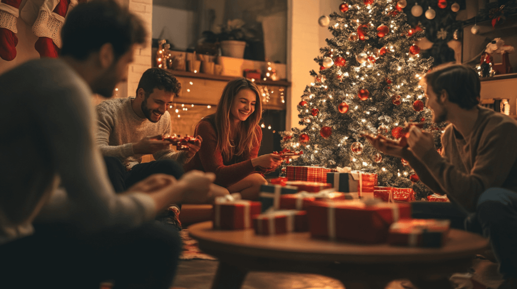 laughing group of people with wrapped presents