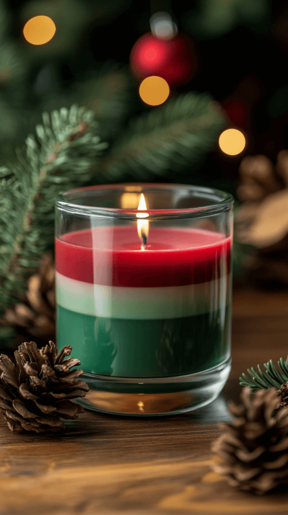 layered candle of red and green in a clear glass container