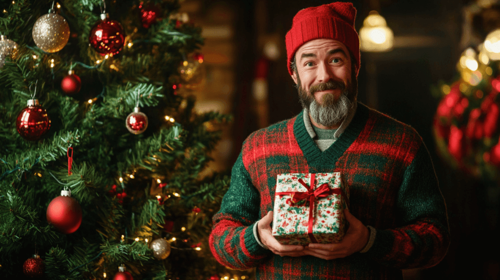 dad holding a gift near the decorated tree