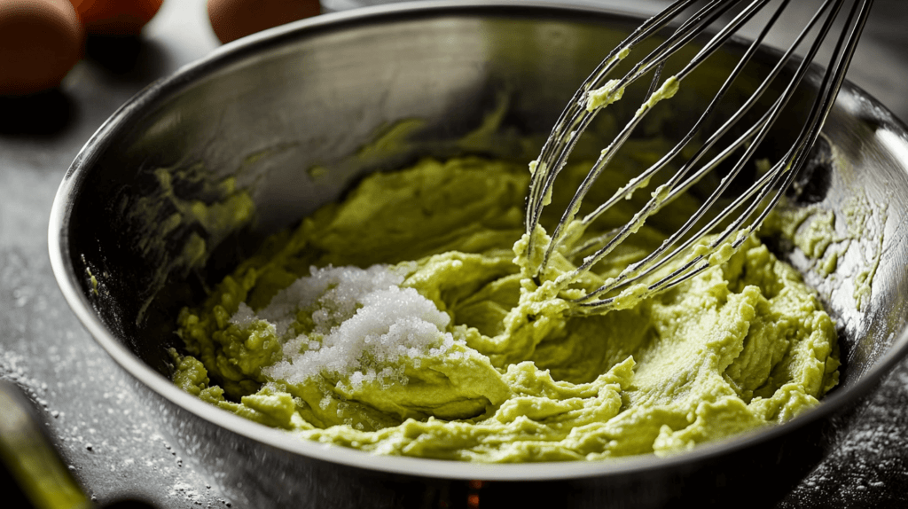 mixing bowl with mashed avocados and sugar