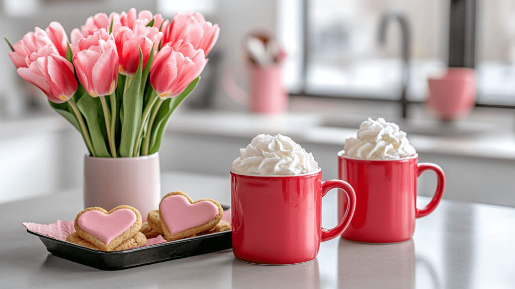 heart mugs, flowers, cookies