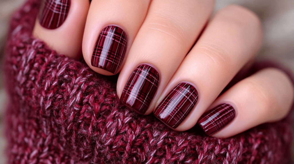 burgundy plaid manicure