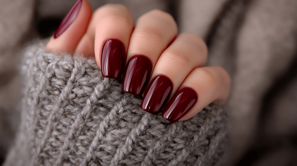 nails painted in a cranberry glossy finish