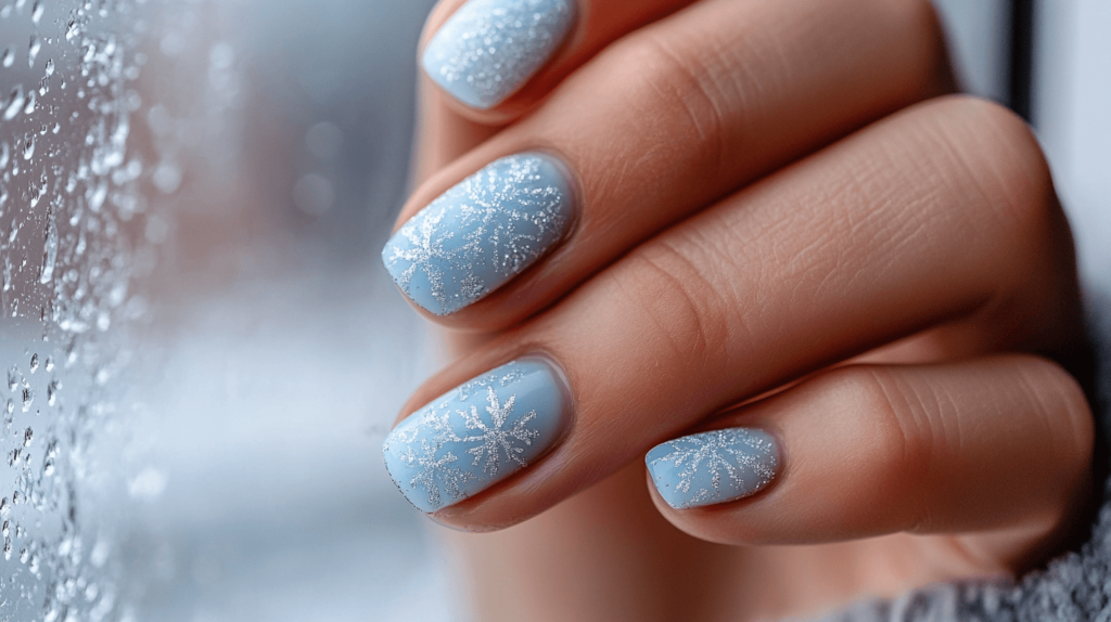 light blue manicure with snowflakes in white