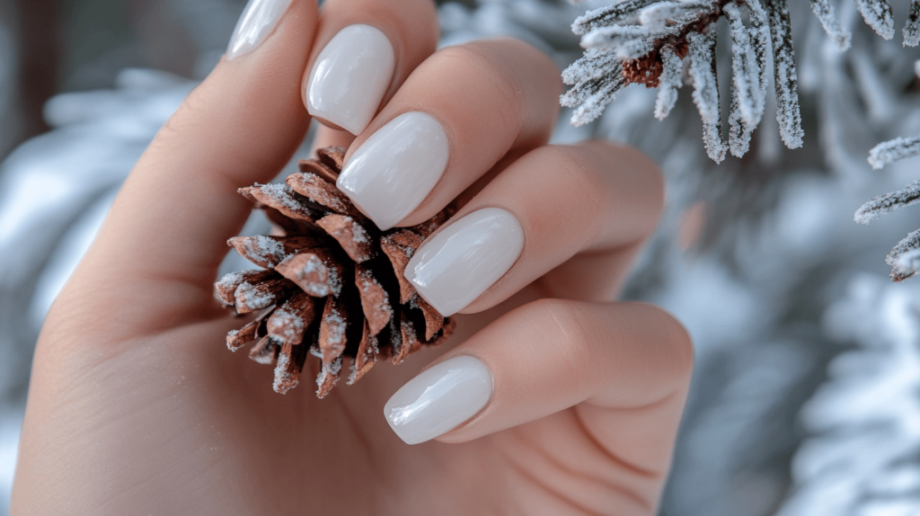 winter nails in white, hand holding a pinecone