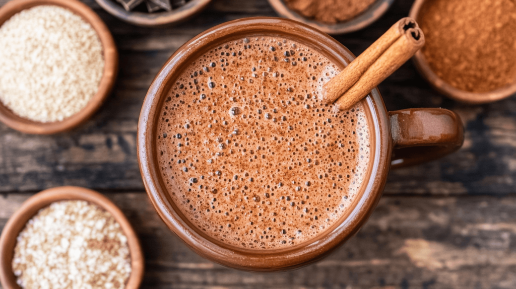 overhead view of a mug of champurrado recipe