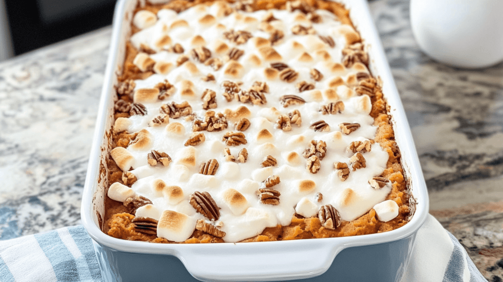 overhead shot of sweet potato casserole with marshmallow and pecans