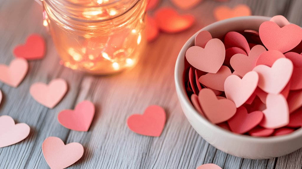 paper hearts and fairy lights in a mason jar