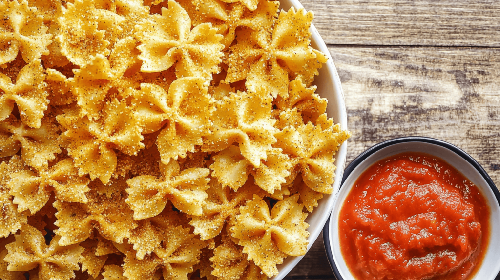 heavily seasoned pasta chips with marinara sauce side