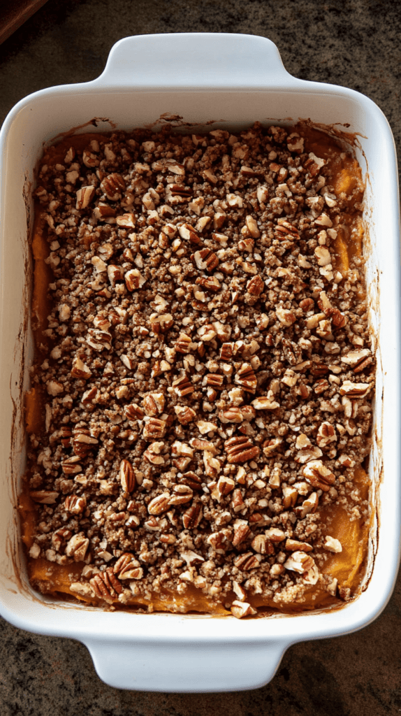 pecan topped sweet potato casserole overhead shot