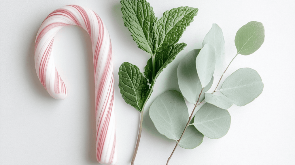 candy cane, mint leaves, eucalyptus leaves 