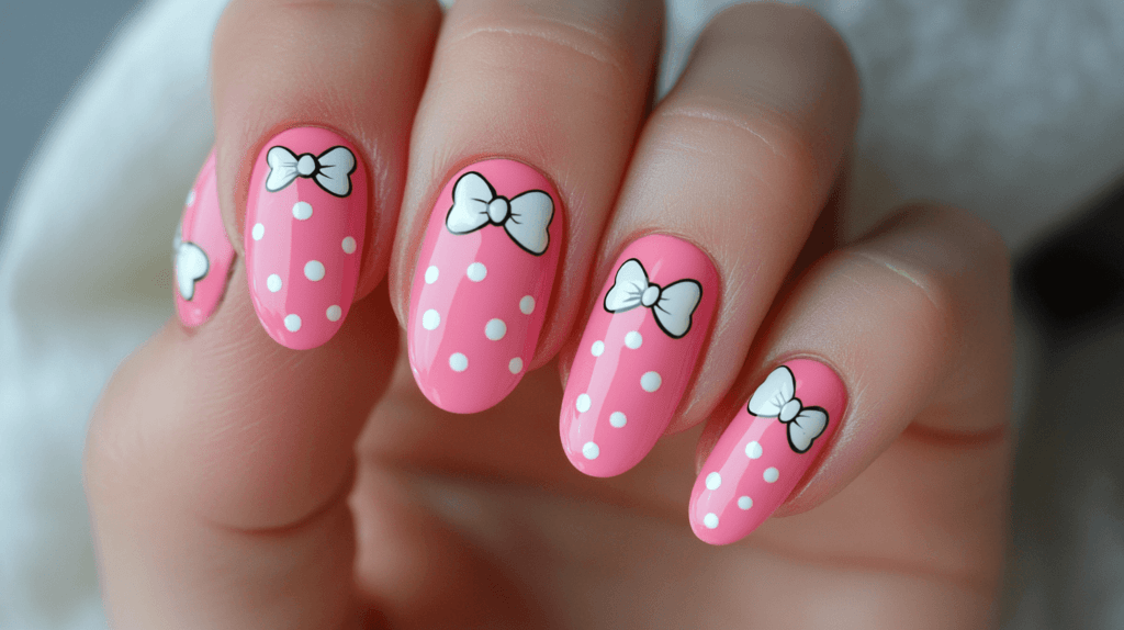 pink disney nail designs with white dots and bows