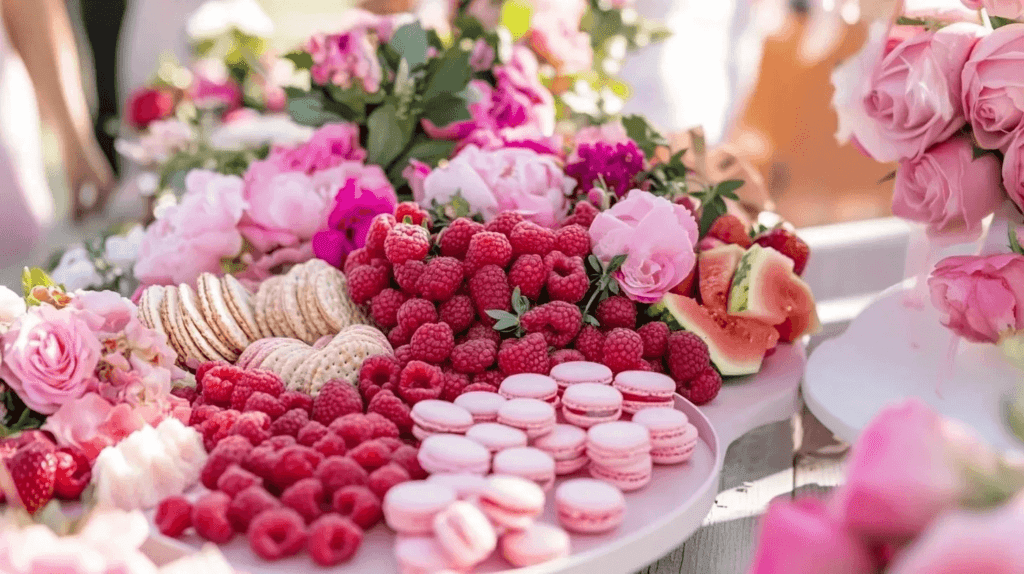 pink food and flowers arranged on a table