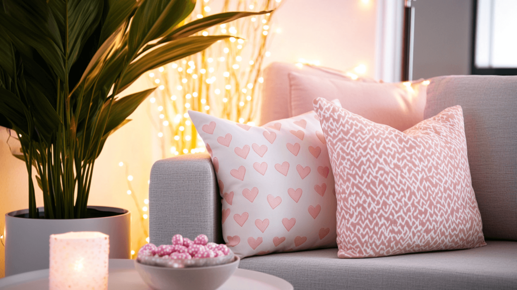 Valentine pillow in shades of pink and white on a light gray couch