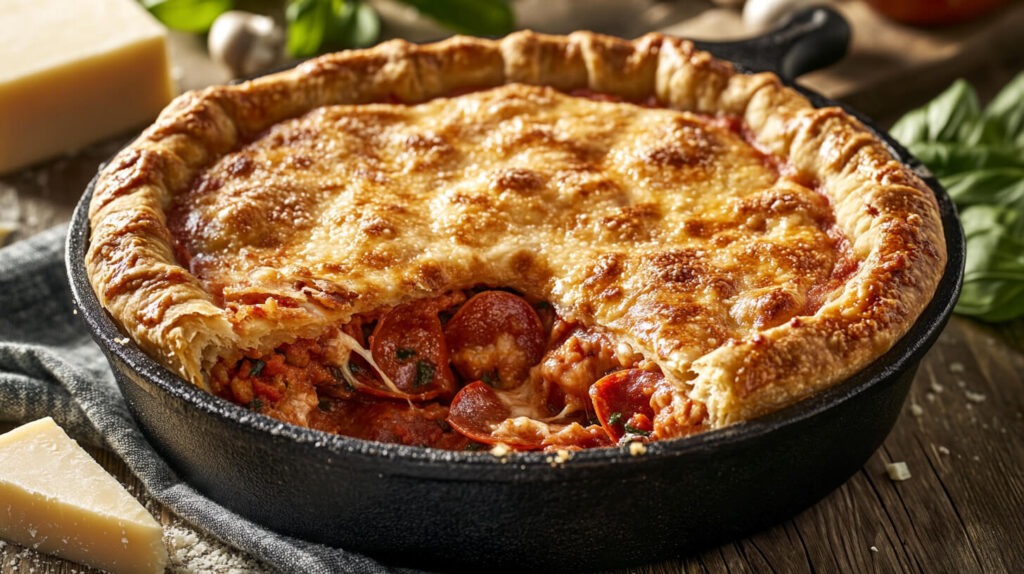 pizza pot pie with a slice missing to reveal the inside