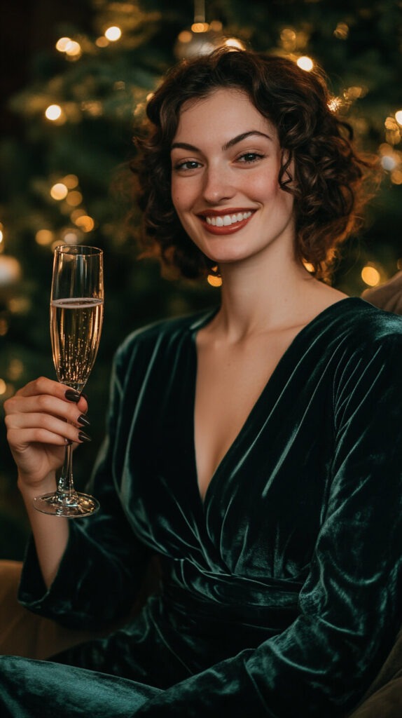 woman in a green velvet dress holding a glass of champagne