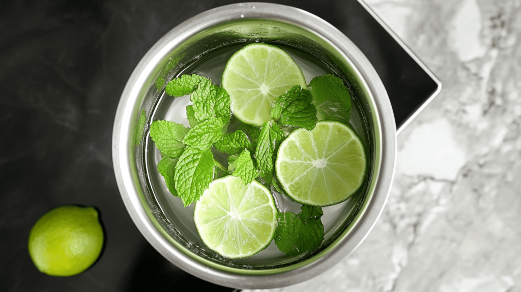 mint and lime in water on the stove top