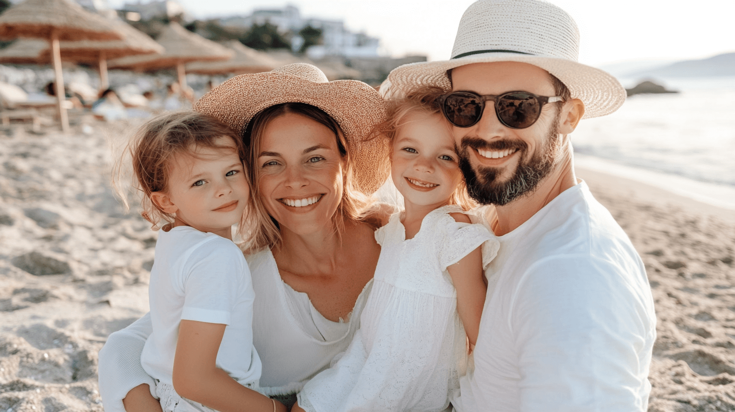 family vacation places, family of four on the beach, wearing white