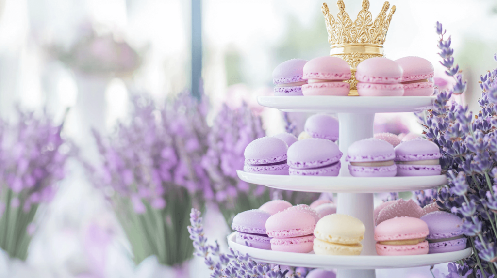 princess crown on a three-tiered tray of macaroons