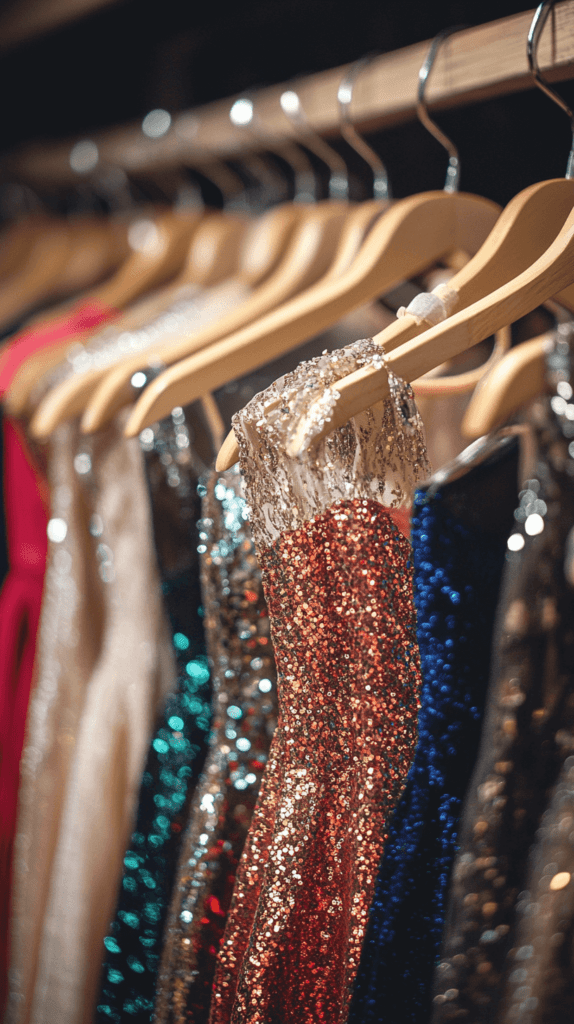 a rack of sequin new years dresses