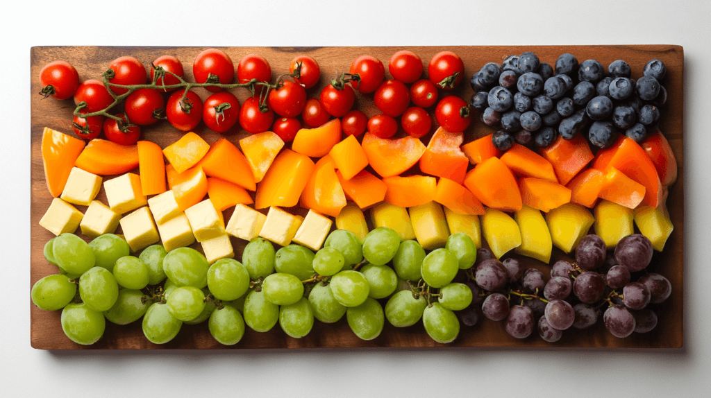 rainbow colored food arranged by color