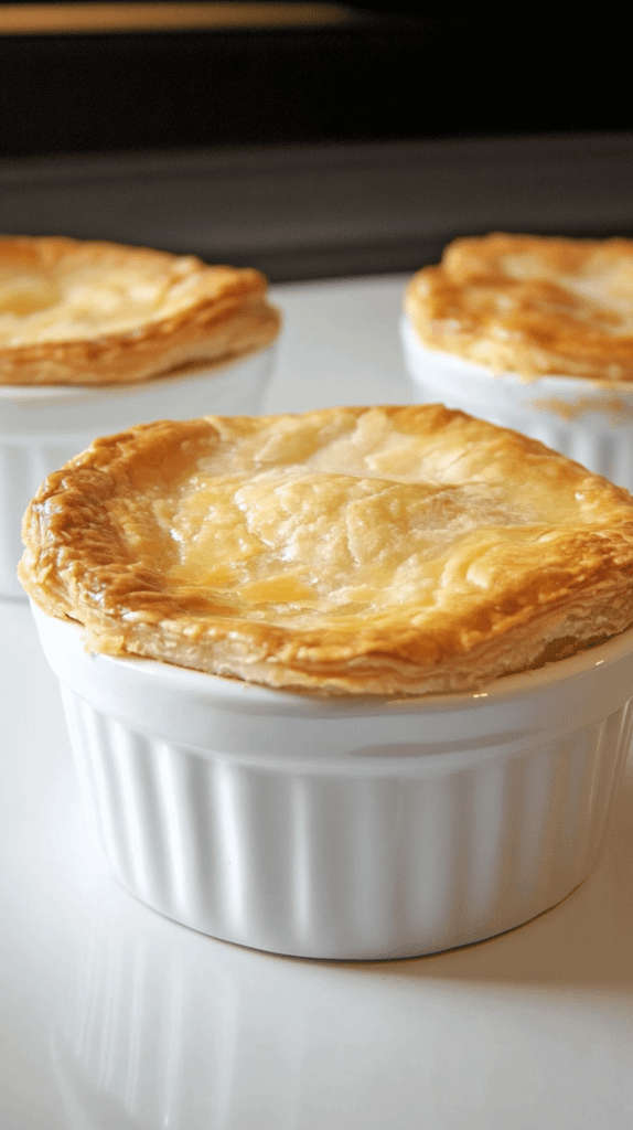 white ramekins with golden crust on top for pizza pot pie